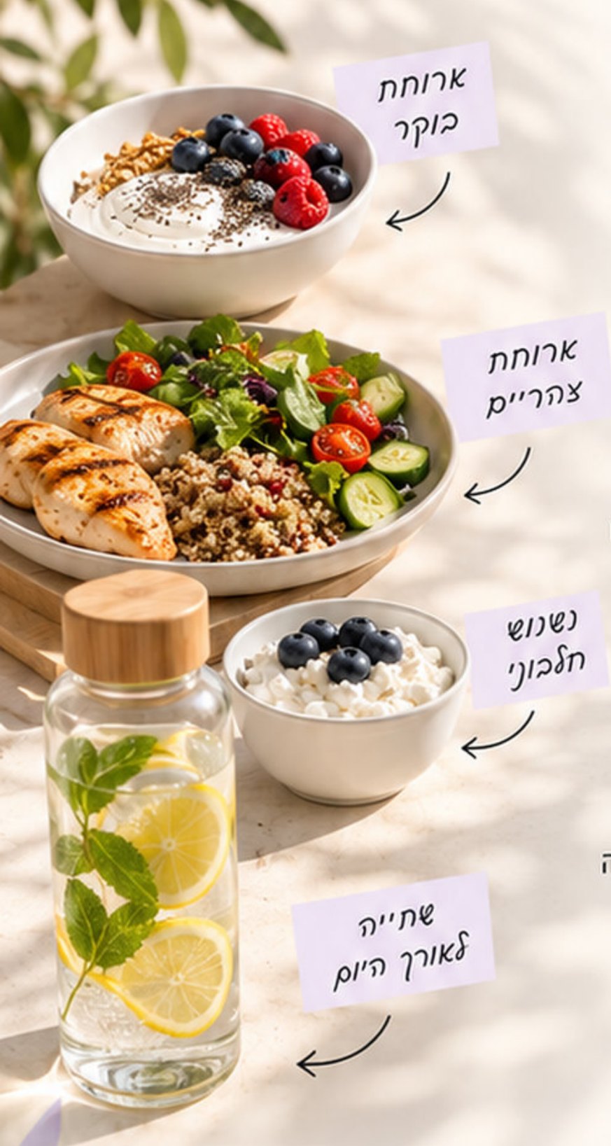 ארוחת בוקר, ארוחת צהריים, נשנוש חלבוני ובקבוק מים על שולחן