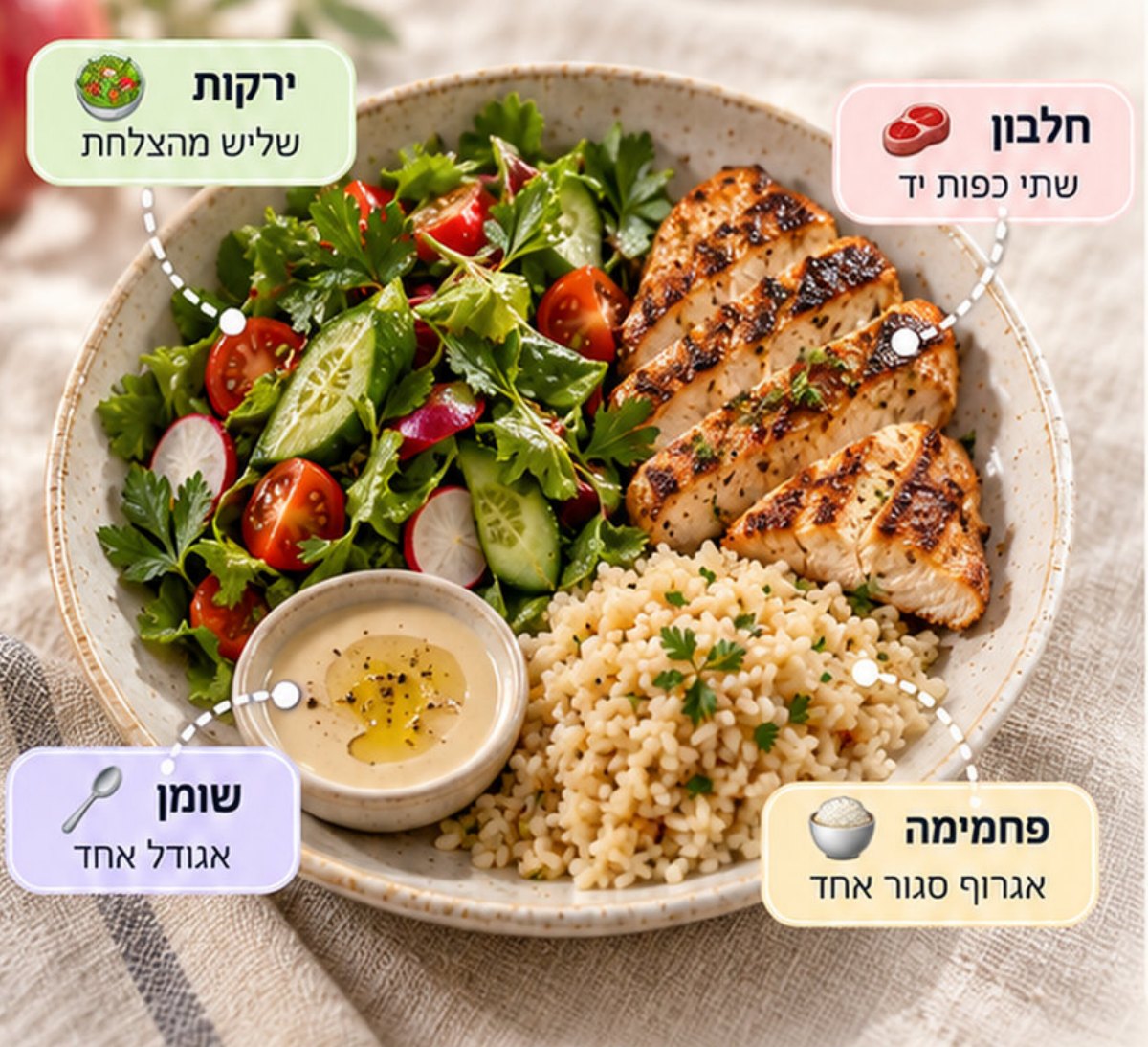 צלחת חג מחולקת: ירקות שליש, חלבון שתי כפות יד, פחמימה אגרוף סגור ושומן אגודל אחד