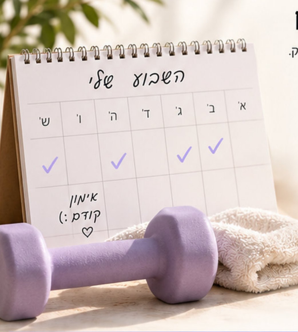 לוח שבועי עם ארבעה אימונים מסומנים, משקולת ומגבת